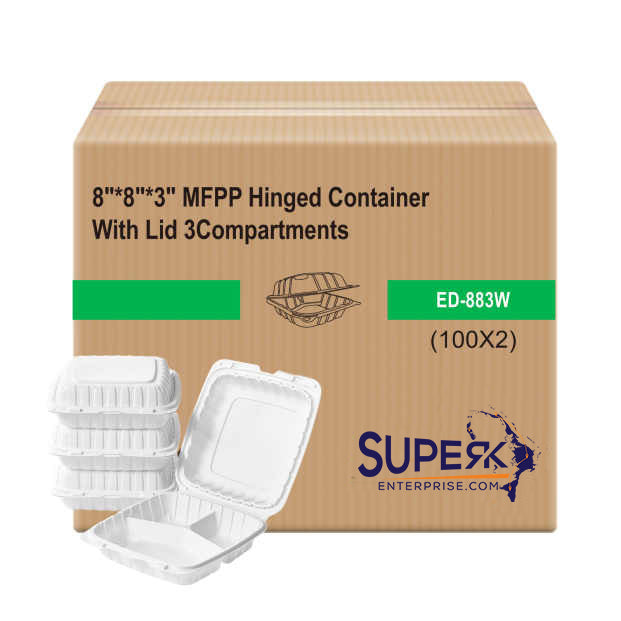 8"x8"X3" MFPP White Hinged Container With Lid 3 Compartment (Case of 200)