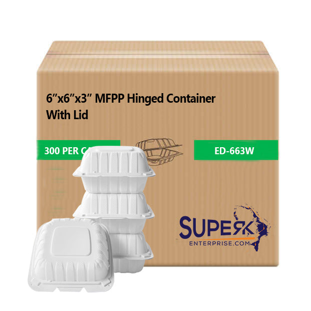 6"x6"x3" MFPP White Hinged Container With Lid 1 Compartment (Case of 300)